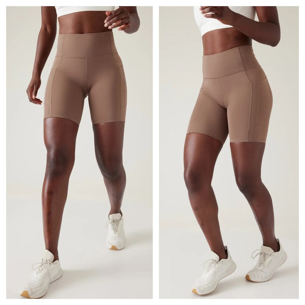 [Athleta] Brown Tan Ultimate 7" Stash Pockets High Rise Bike Shorts Workout XL